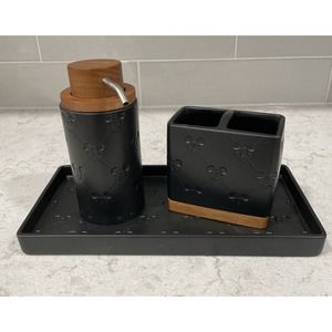 MICKEY 3pc Bath Set Black Wood Ceramic Embossed Tray Soap Pump Toothbrush Holder